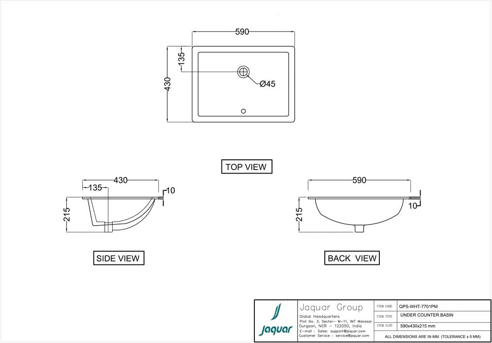 UNDER COUNTER BASIN WITH FIXING ACCESSOR - JAQUAR SWARE - ( WHITE - -590x430x215mm - 23.6inchx17.2inch )