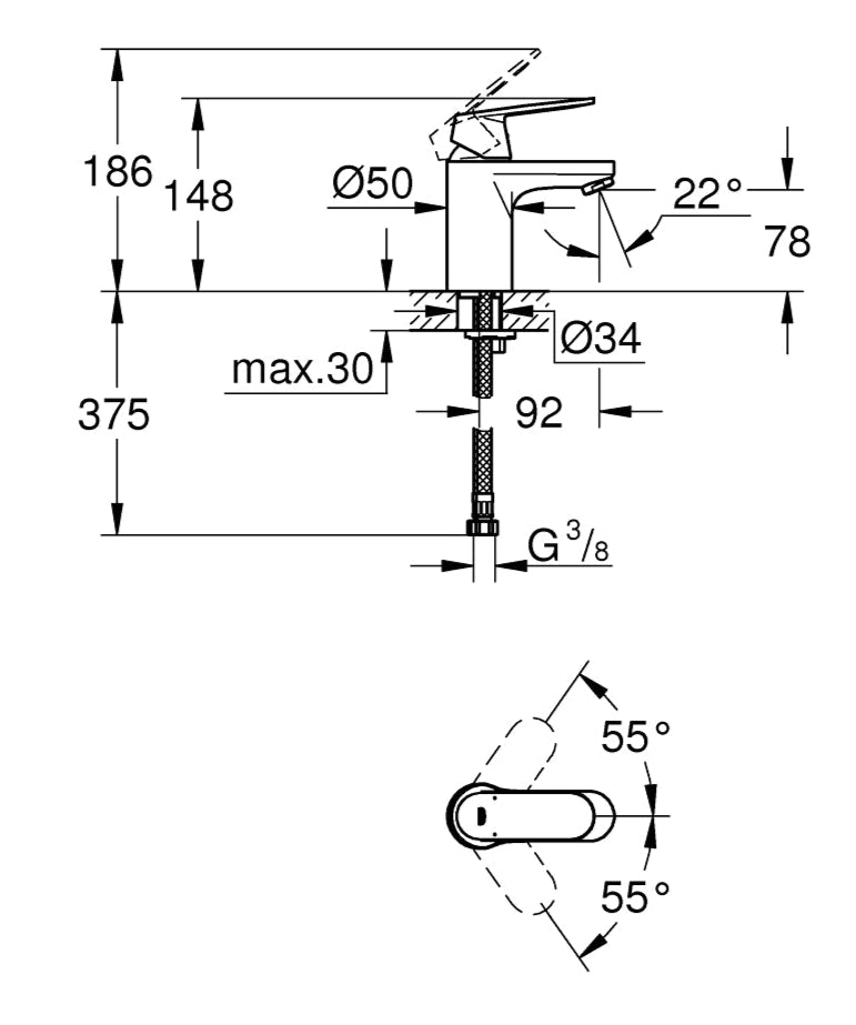 EUROSMART COSMOPOLITAN 1-HANDLE BASIN MIXER WITHOUT POP UP, S SIZE - GROHE -  ( CHROME - G3 - EUROSMART - 0x10 mm - 0inchX0.38inch )