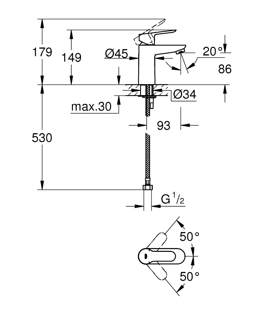 BAUEDGE 1-HANDLE BASIN MIXER WITHOUT POP-UP, S SIZE - GROHE-G2 - ( CHROME - G2 - BAUCOSMOPOLITAN - 0x15 mm - 0inchX0.6inch )