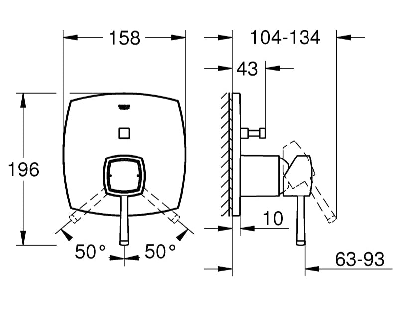 Technical drawing of a shower head and control valve with dimensions