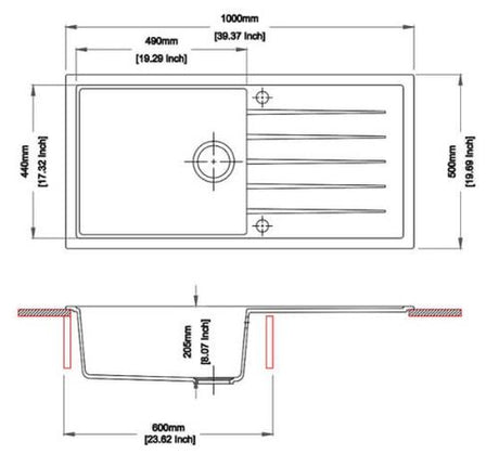QUARTZ 1.0 BOWL WITH DRAINBOARD(DEPTH 8INCH) - CARYSIL -  ( GRANITE METALLIC ESPRESSO - VIVALDI - 1000x500 mm - 40inchX20inch )