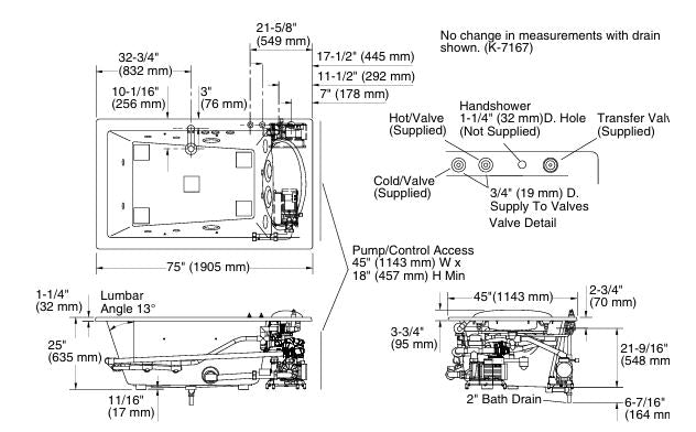 RIVER BATH DROP IN WHIRLPOOL W/CHROMATHERAPY & HEATER W/O JET TRIM, 2 PUMP 4KW - KOHLER LUXURY - ( WHITE - LUXURY - 1905x1143 mm - 76.2inchX45.7inch )