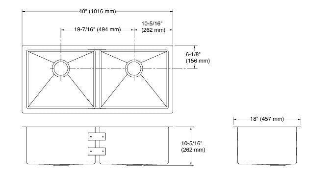 STRIVE TM SS DOUBLE BOWL FABRICATED (DEPTH 10.16 INCH)W/STRAINER - KOHLER LUXURY - ( - LUXURY - 1000x450 mm - 40inchX18inch )