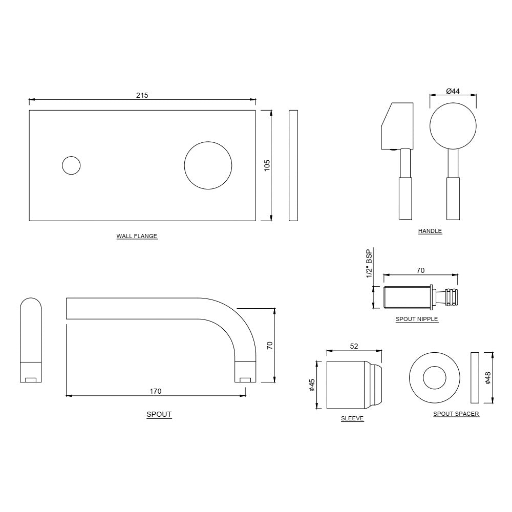 EXPOSED PART KIT OF SINGLE LEVER BASIN MIXER W/SLEEVE (WALL MOUNTED)- JAQUAR FAUCETS - ( CHROME - SOLO - 0x15 mm - 0inchX0.5inch )