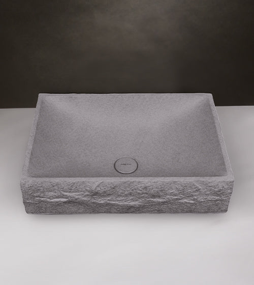 CONCRETE TABLE MOUNTED WASH BASIN RECTANGULAR SHAPE WITH A RUSTIC TEXTURE ON THE OUTSIDE INCLUDES POP UP WASTE COUPLING - AQUANT - (MATT GREY - - 500x350x145 mm - 20inchX14inchX5.8inch)