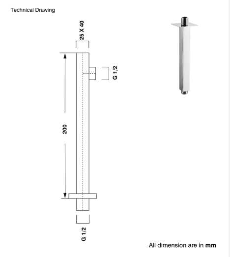 BRASS VERTICAL SQUARE SHOWER ARM - AQUANT -  ( CHROME -  - 0x200 mm - 0inchX8inch )