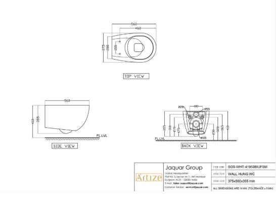 WALL HUNG RIMLESS WC W/S.COVER & ACC.( BOLT DISTANCE 7INCH)- ARTIZE SWARE - ( BLACK MATT - SIGNAC - 0x0 mm - 0inchX0inch )
