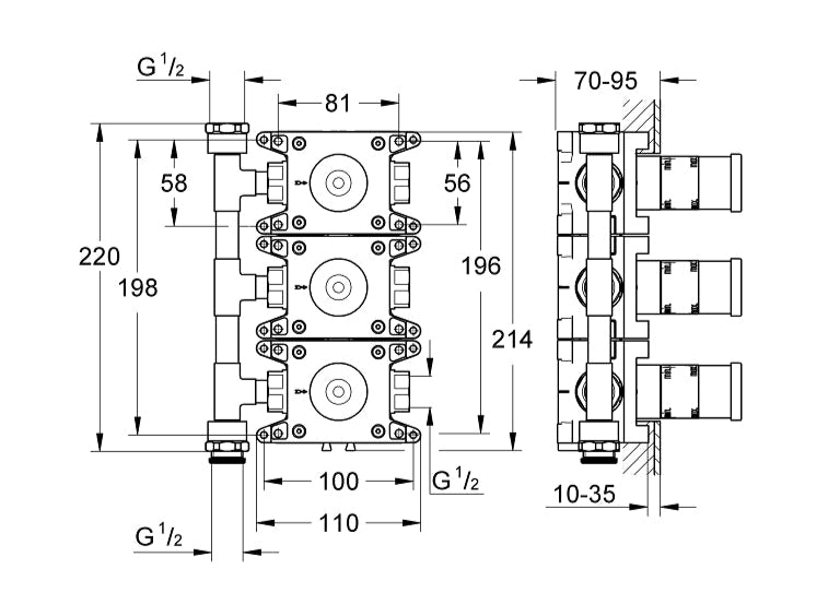 RAPIDO C TRIPLE CONCEALED VALVE ROUGH IN - GROHE -  ( CHROME - RAPIDO - 0x20 mm - 0inchX0.75inch )
