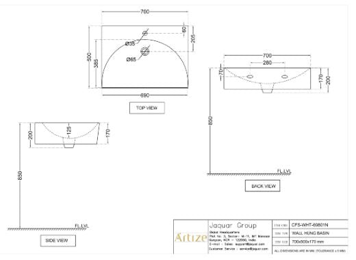 WALL HUNG BASIN WITH FIXING ACCESSORIES - ARTIZE SWARE - ( WHITE - CONFLUENCE - 700x500 mm - 20inchX0inch )