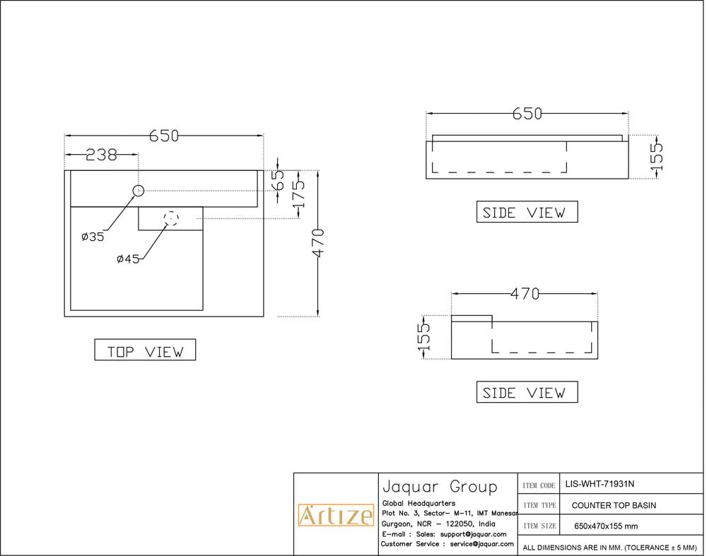 TABLE TOP BASIN - ARTIZE SWARE - ( WHITE - LINEA - 640x460 mm - 25.5inchX18inch )
