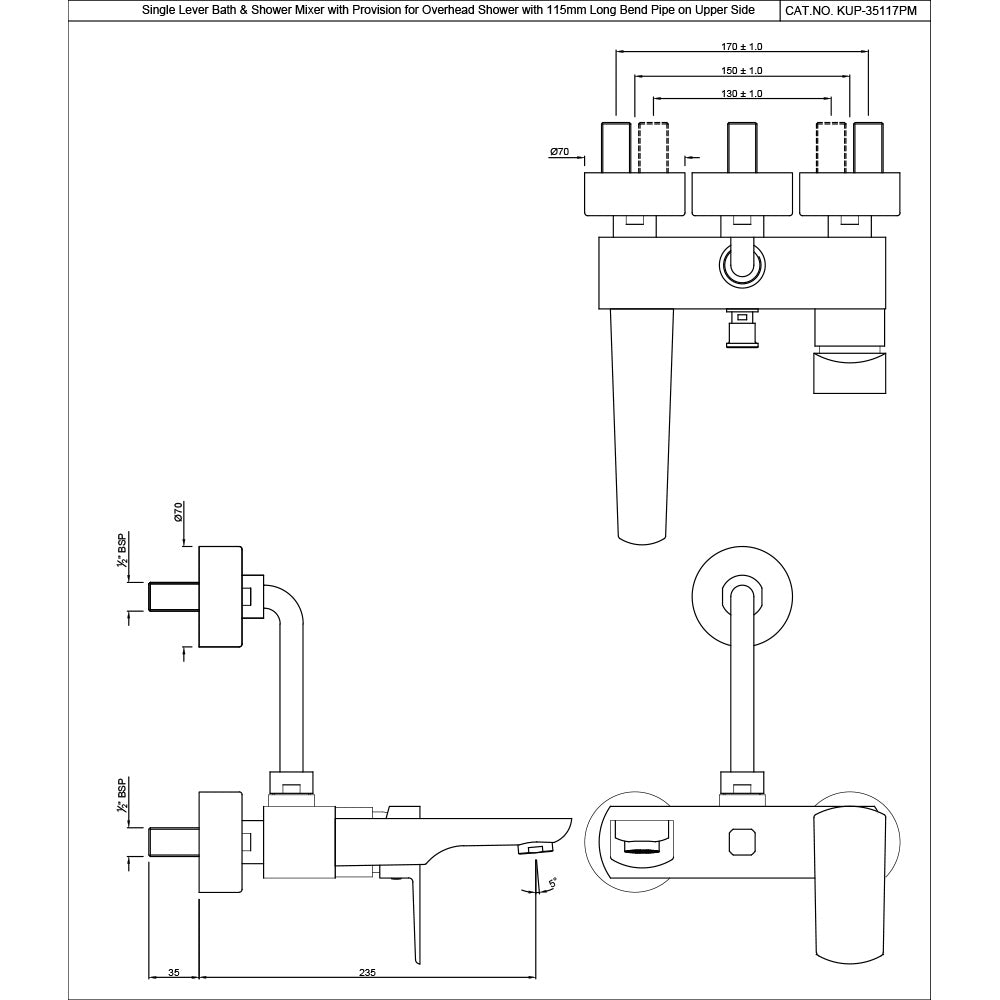 SINGLE LEVER WALL MIXER WITH LONG BEND PIPE ON UPPER SIDE, CONNECTING LEGS & WALL FLANGES - JAQUAR FAUCETS - ( ANTIQUE COPPER - KUBIX PRIME - 0x15 mm - 0inchX0.5inch )
