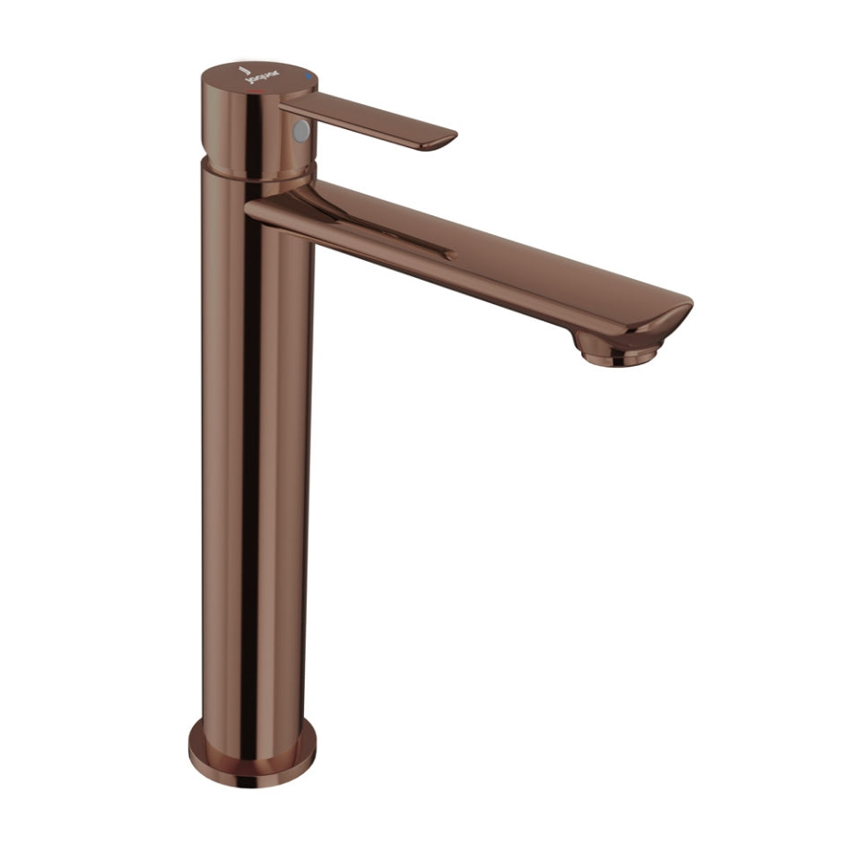 SINGLE LEVER HIGH NECK BASIN MIXER WITHOUT POPUP WASTE & WITH 600MM LONG BRAIDED HOSES - JAQUAR FAUCETS - ( BLUSH GOLD PVD - FUSION PRIME - 0x15 mm - 0inchX0.5inch )