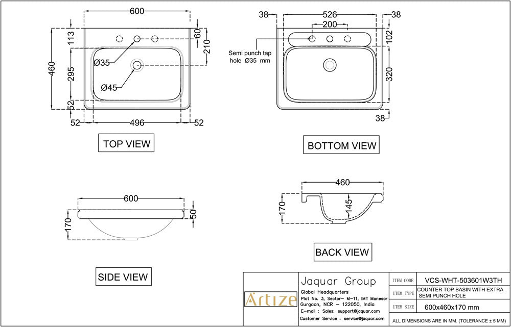 COUNTER TOP WASH BASIN W/3 TAP HOLE - ARTIZE SWARE - ( WHITE - VICTORIAN - 600x460 mm - 18.4inchX0inch )