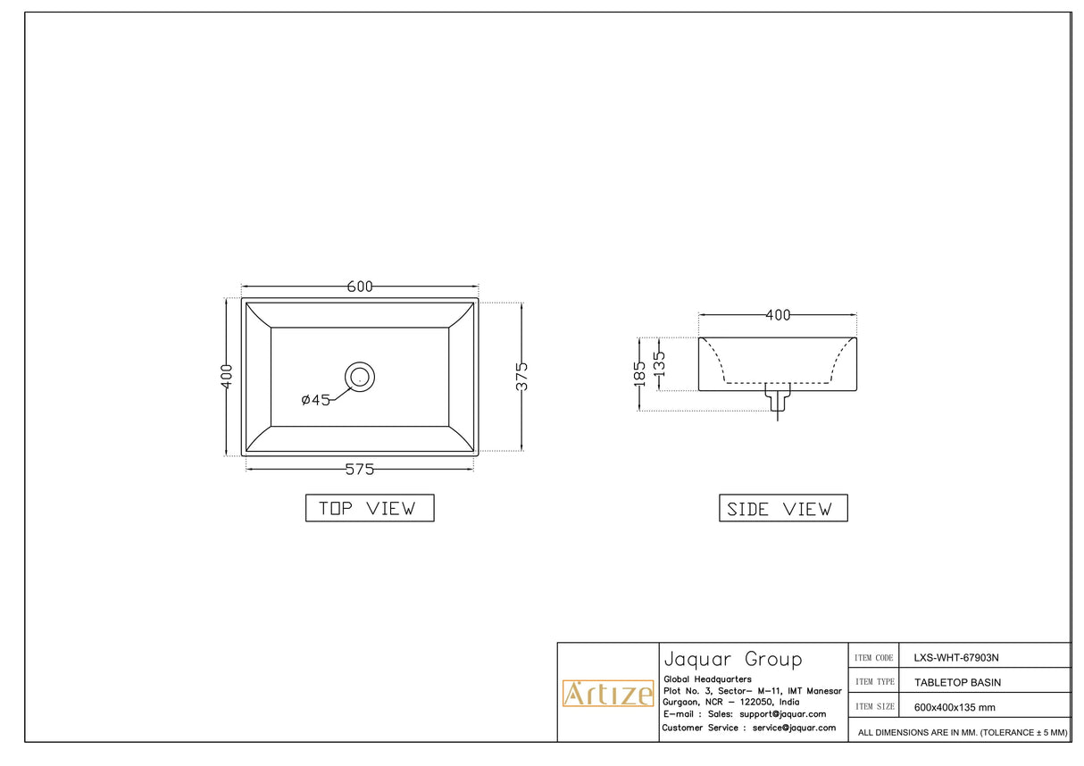 TABLE TOP BASIN - ARTIZE SWARE - ( WHITE - LEXA - 600x400 mm - 24inchX16inch )