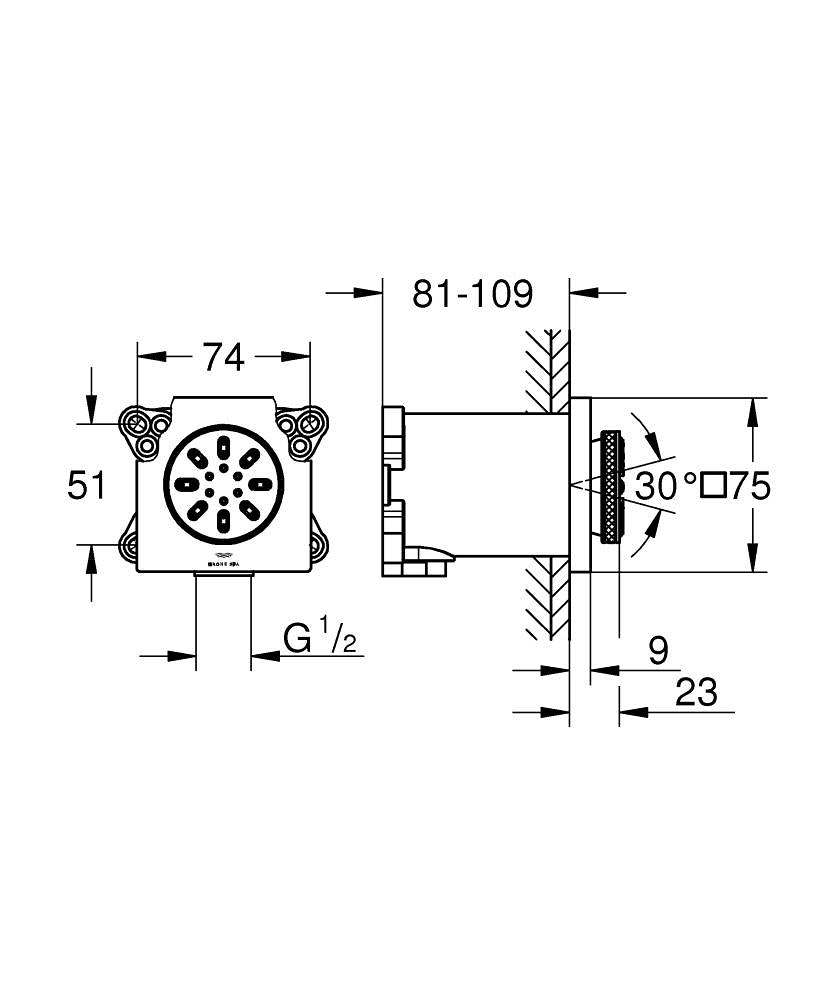 RSH AQUA 75X75 SIDESHW 3,3L SQUARE - GROHE - ( CHROME - G5 - RAINSHOWER - 0x15 mm - 0inchX0.6inch )