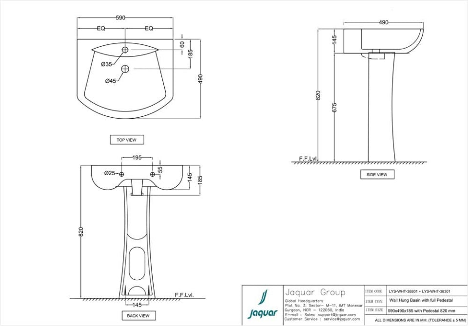 WALL HUNG BASIN W/FIXING ACC. - JAQUAR SWARE - ( WHITE - LYRIC - 590x490 mm - 23.6inchX19.6inch )