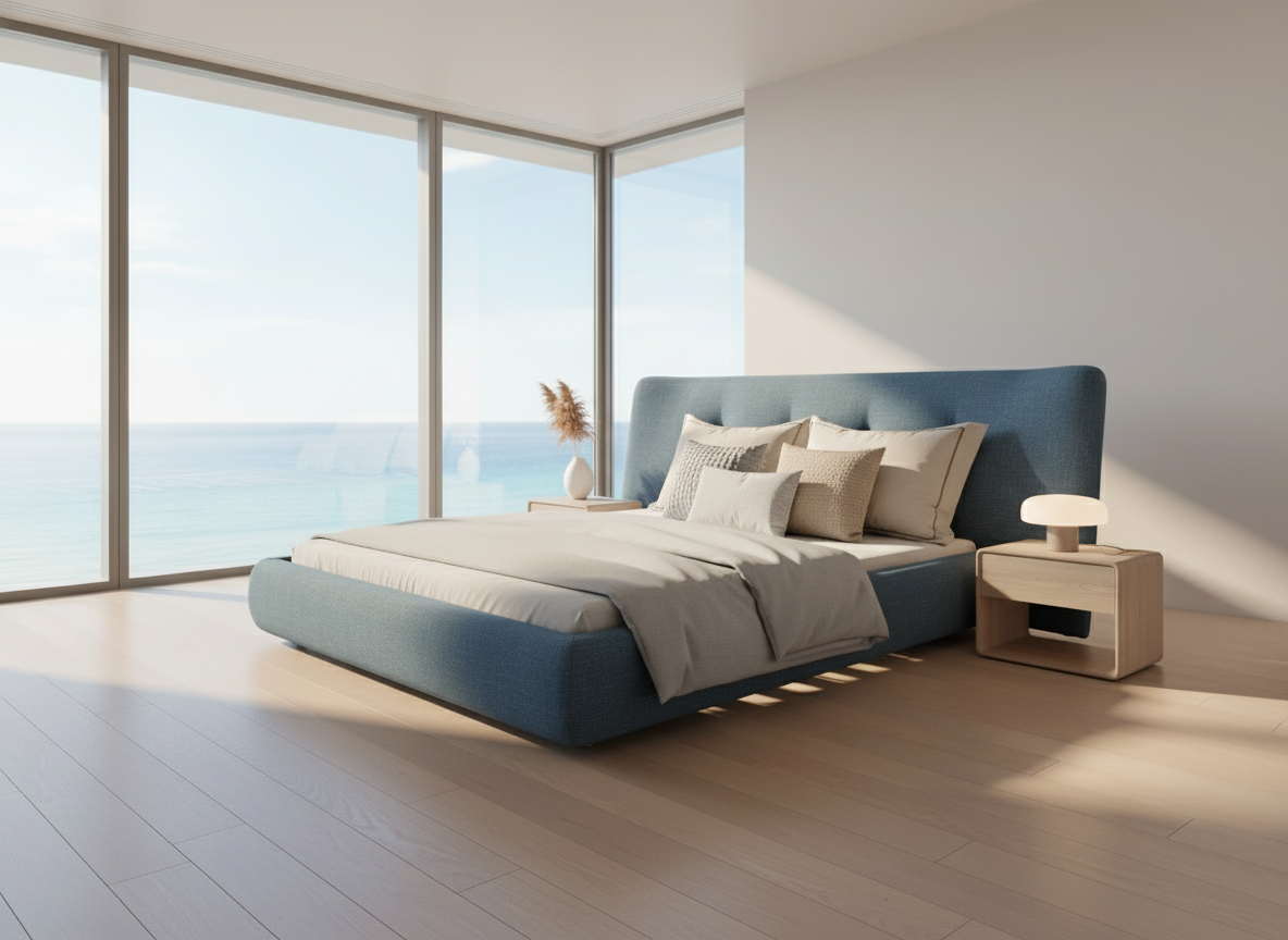 SB56A-WINGED KING SIZE BED (W/O STORAGE) (BLUE) (HEAD BOARD L-2642mm,W-1956mm,L-2083mm) - FURNITURE - (BLUE - BUENA CASA - 1981x1829 mm - 79.24inchX73.16inch)