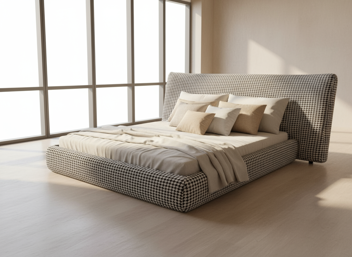 SB56A-WINGED KING SIZE BED (W/O STORAGE) (WHITE & BLACK) (HEADBOARD L-2642mm,W-1956mm,L-2083mm) - FURNITURE - (BLACK &  WHITE - BUENA CASA - 1981x1829 mm - 79.24inchX73.16inch)