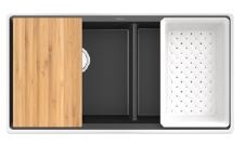 NEOROC TASK QUARTZ SINK DOUBLE BOWL W/O DRAIN BOARD,STRAINER, COLANDER, CHOPPING BOARD, SOAKING BASKET & DRAIN PIPE (DEPTH 9.3INCH)- KOHLER LUXURY - ( MATTE BLACK - LUXURY - 850x450 mm - 34inchX18inch )