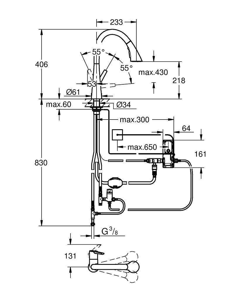 ZEDRA TOUCH 1-HANDLE KITCHEN MIXER, C-SPOUT TRIPLE SPRAY - GROHE - ( CHROME - G5 - ZEDRA - 0x15 mm - 0inchX0.6inch )