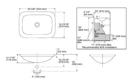INIA RECTANGULAR DROP-IN BATHROOM SINK, NO OVERFLOW - KOHLER LUXURY - ( ICE - LUXURY - 0x15 mm - 0inchX0.6inch )