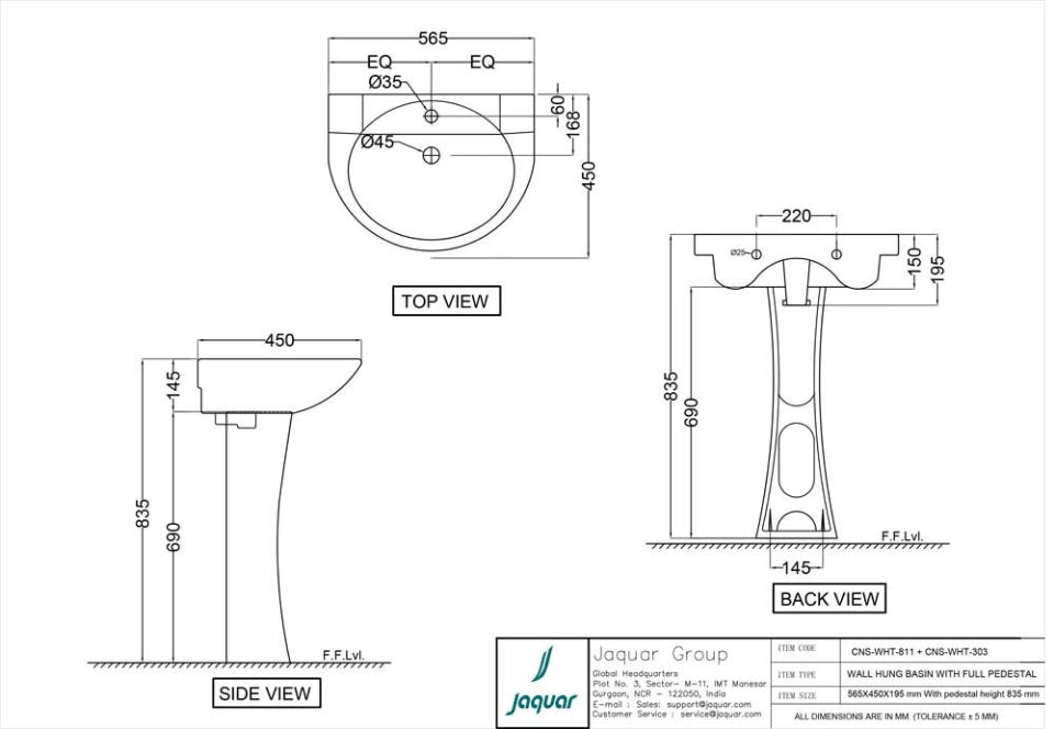 WALL HUNG BASIN WITH FIXING ACC. - JAQUAR SWARE - ( WHITE - CONTINENTAL - 0x0 mm - 0inchX0inch )