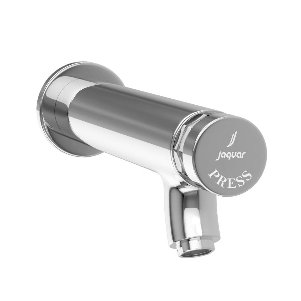 BIB COCK (ANGULAR SHAPE)AUTO CLOSING SYSTEM WITH WALL FLANGE - JAQUAR FAUCETS - ( CHROME - PRESSMATIC - 0x15 mm - 0inchX0.5inch )