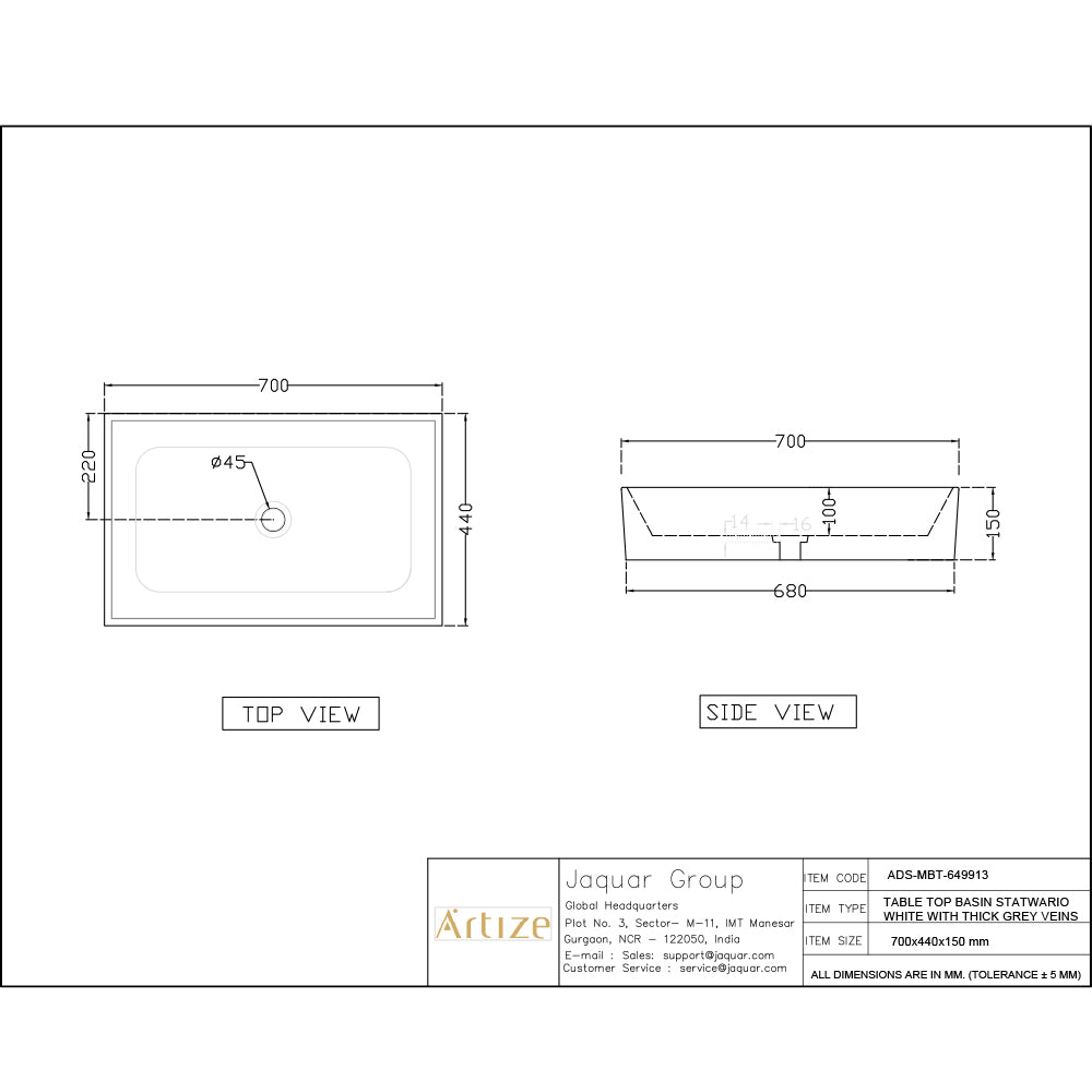TABLE TOP BASIN - ARTIZE SWARE - ( MBT - - 700x440 mm - 28inchX17.6inch )