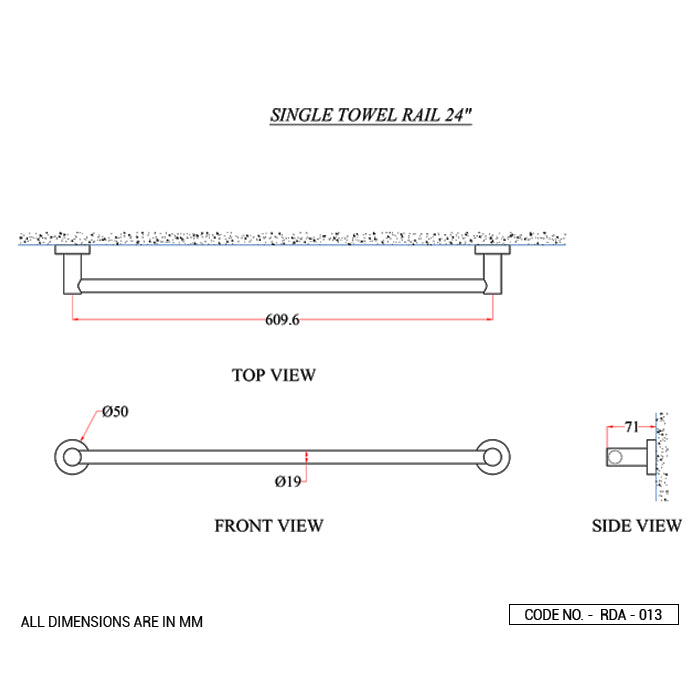 SINGLE TOWEL RAIL - ACQUAVIVA - ( BRUSHED GOLD - ROUND ACC. - 0x600 mm - 0inchX24inch )