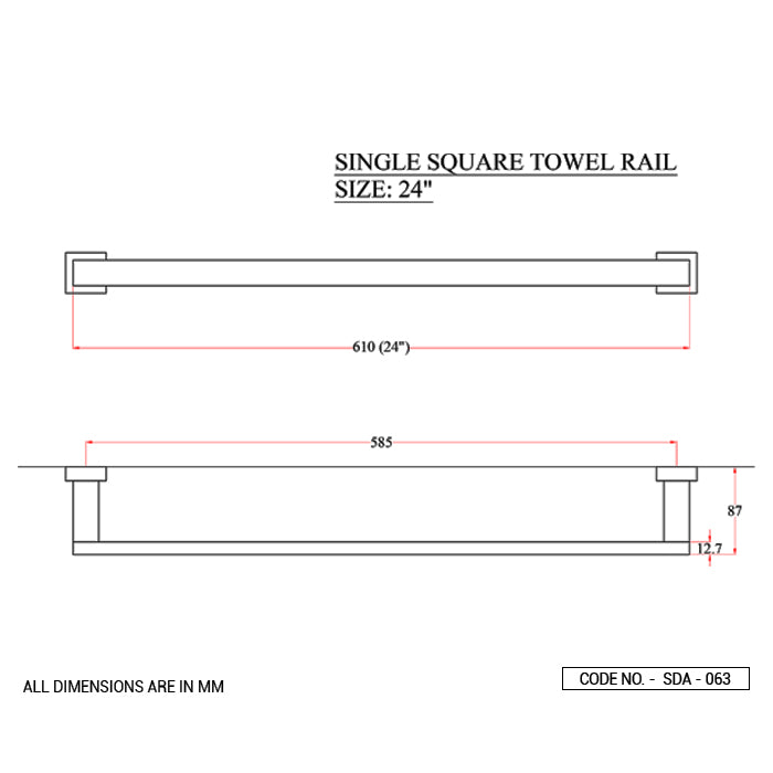 TOWEL RAIL 24 INCHES - ACQUAVIVA - ( BLACK CHROME - SQUARE ACC. - 0x600 mm - 0inchX24inch )