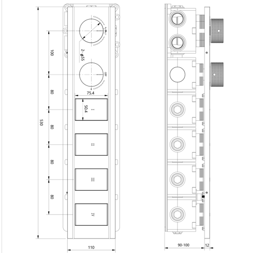 CONC THERMOSTATIC MULTI FUN 4 OUTLET SWITCH BUTTON DIVERTER WITH FLOW CONTROL 20 MM INLET - AQUANT -  ( BRUSHED ROSE GOLD - PIANO SERIES - 20x0 mm - 0.8inchX0inch )
