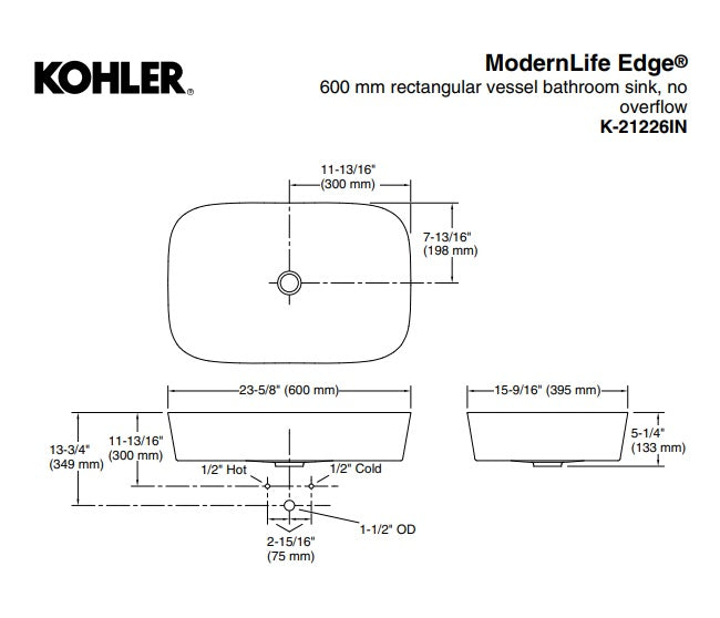 TABLE TOP VESSEL BASIN W/O FAUCET HOLE - KOHLER LUXURY -  ( WHITE - LUXURY - 0x600 mm - 0inchX24inch )