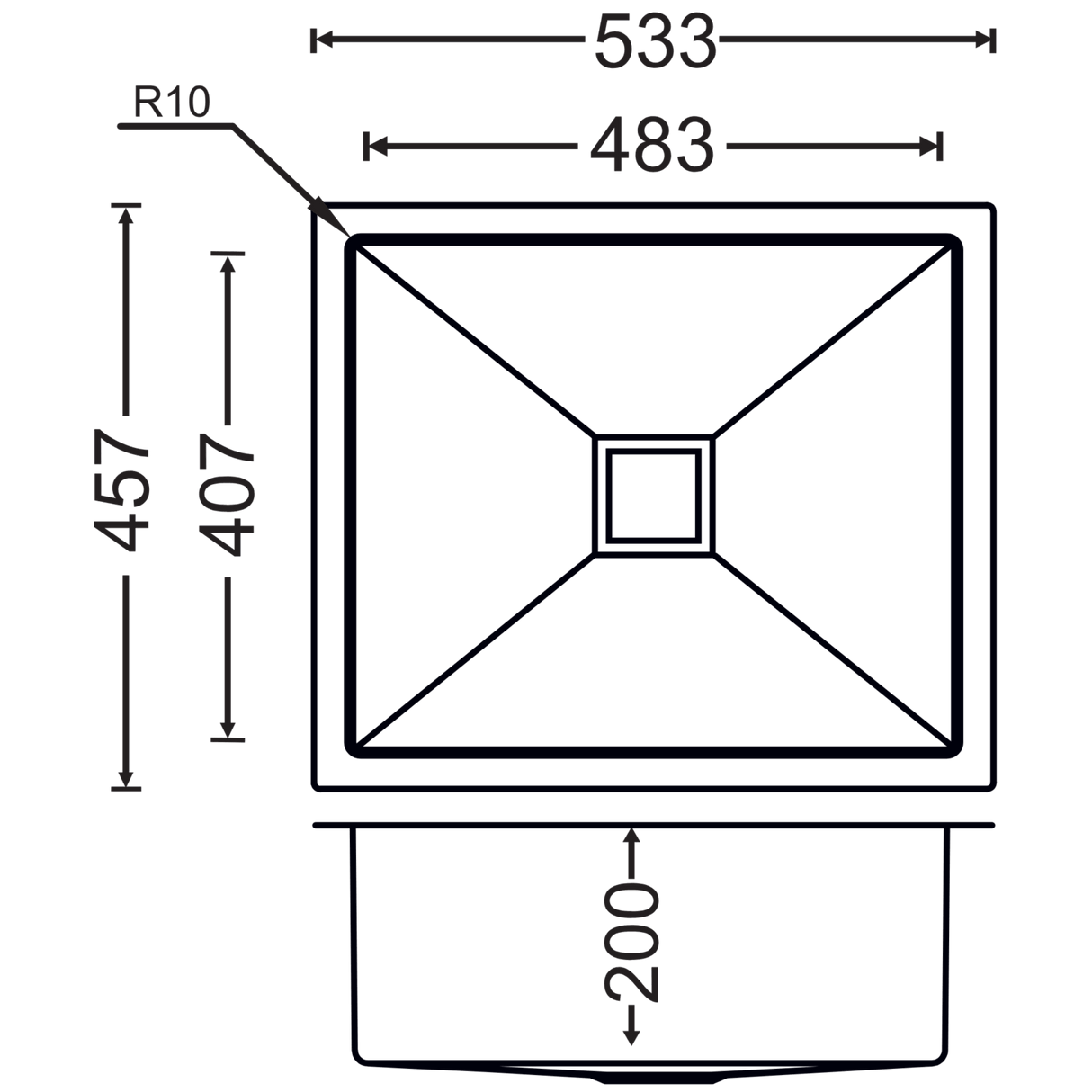 1.0 BOWL W/O DRAIN BOARD(DEPTH 8 INCH) THK 3MM - CARYSIL -  ( MATT - MICRO RADIUS R10 - 533x457 mm - 21inchX18inch )