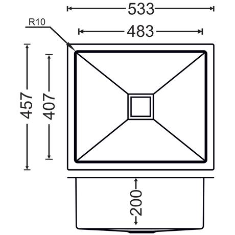 1.0 BOWL W/O DRAIN BOARD(DEPTH 8 INCH) THK 3MM - CARYSIL -  ( MATT - MICRO RADIUS R10 - 533x457 mm - 21inchX18inch )