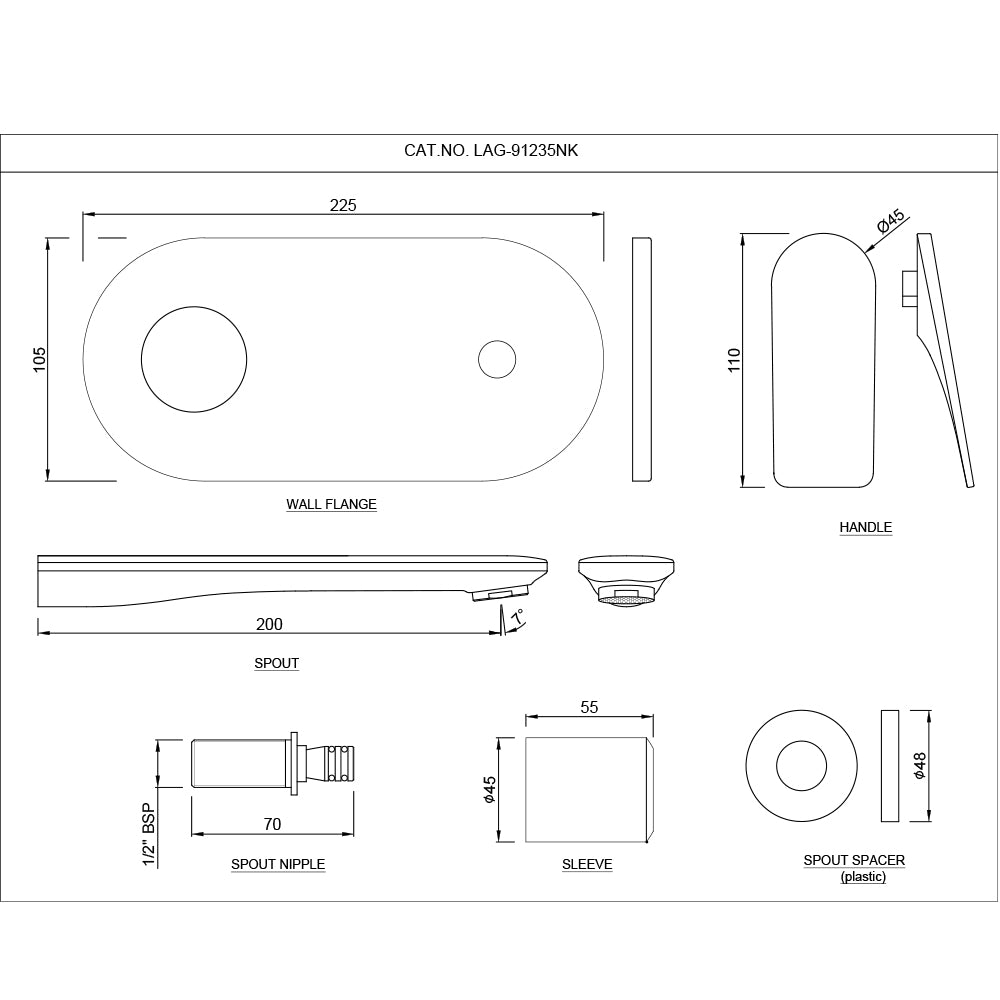 EXPOSED PART KIT OF LEFT HAND SIDE OPERATED SINGLE LEVER BASIN MIXER WALL MOUNTED CONSISTING OF OPERATING LEVER, CARTRIDGE SLEEVE, WALL FLANGE, NIPPLE & SPOUT (COMPATIBLE WITH ALD-235N)- JAQUAR FAUCETS - ( BLACK MATT - LAGUNA - 0x15 mm - 0inchX0.5inch )