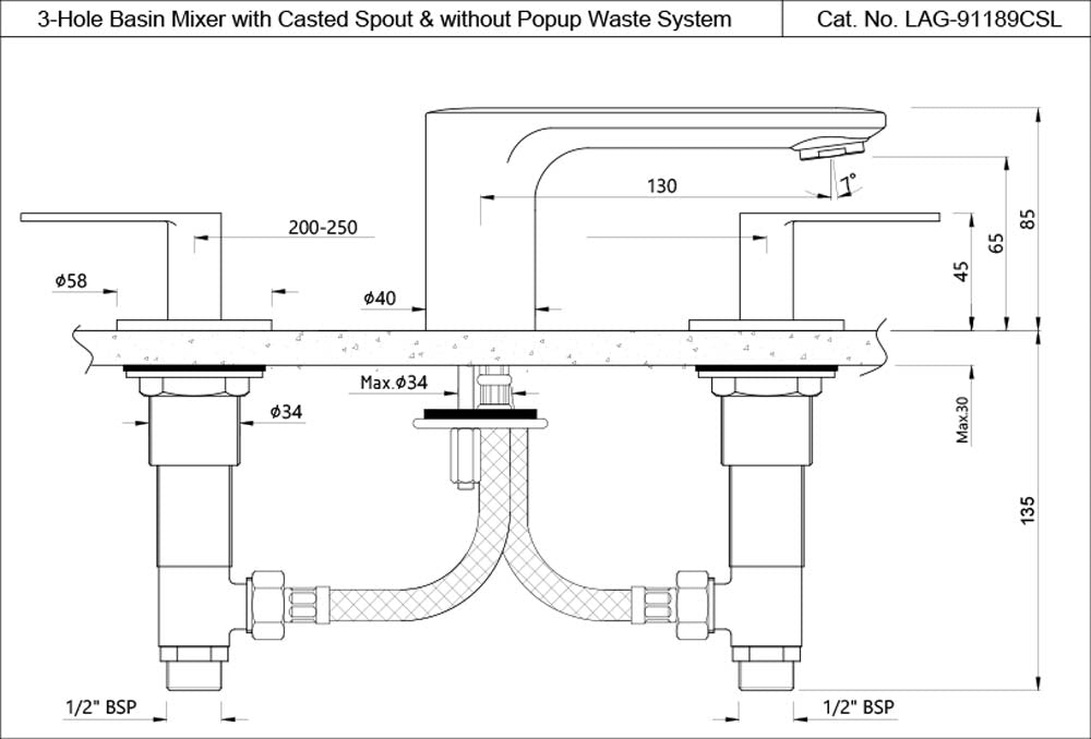 TABLE MOUNT 3-HOLE BASIN MIXER WITH CASTED SPOUT, LEVER HANDLE AND WITHOUT POPUP WASTE SYSTEM - JAQUAR FAUCETS - ( CHROME - LAGUNA - 0x15 mm - 0inchX0.5inch )