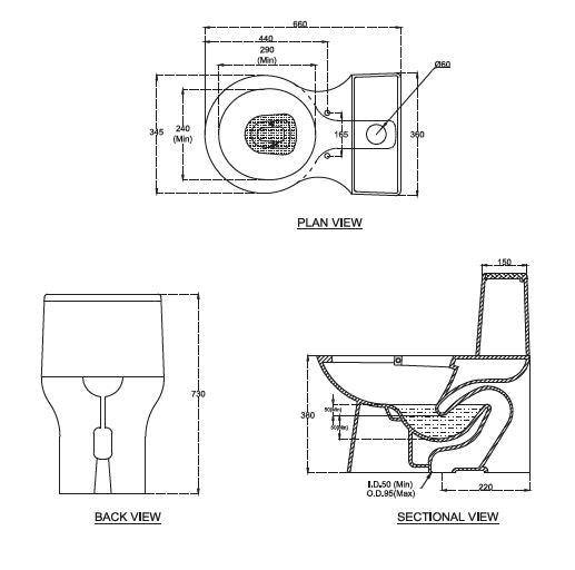 (PRUN) E.W.C VEGA ONE-PIECE S-TRAP 220MM - HINDWARE -  ( STAR WHITE - ITALIAN - 640x350x700 mm - 25.6inchx14inchx28inch )