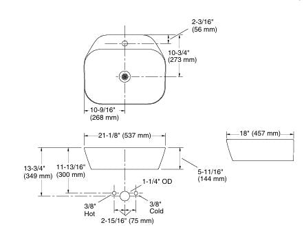 SPAN-COUNT.TOP BASIN W/SL FAUCET HOLE SQ - KOHLER POPULAR -  ( WHITE - POPULAR - 544x463 mm - 22inchX19inch )