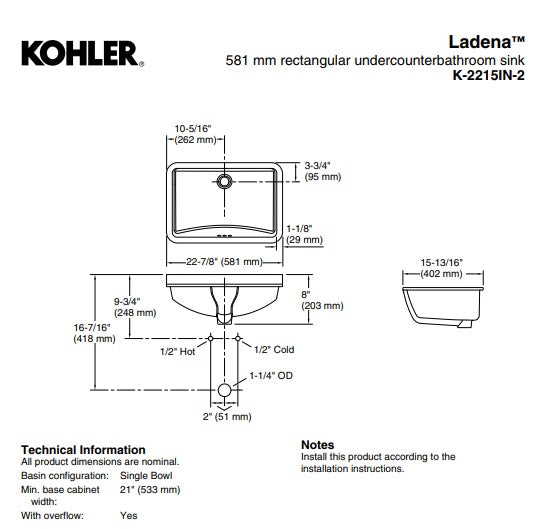 UNDER COUNTER BASIN - KOHLER PREMIUM -  ( WHITE - PREMIUM - 581x402 mm - 23.2inchX16inch )