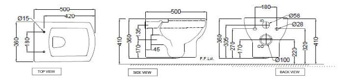 RIMLESS EWC W/H W/SOFT CLOSE S/CVR ( BOLT DISTANCE 7INCH)- JAQUAR SWARE - ( - - 360x500 mm - 14.4inchX20inch )