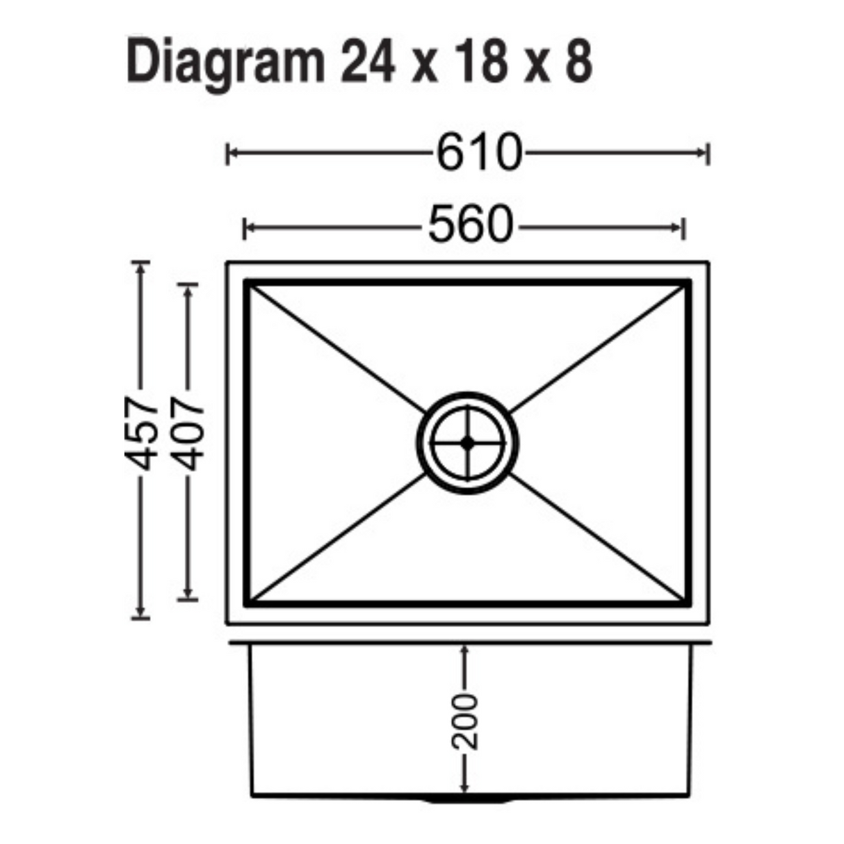 1 BOWL W/O DRAINBOARD (DEPTH 8INCH) THK 0.8MM - CARYSIL -  ( MATT - QUADRO CLASSIC - 610x457 mm - 24inchX18inch )