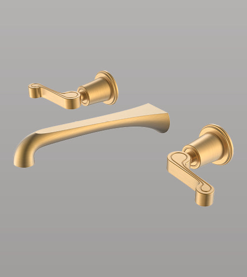 THREE HOLE BRASS WALL MOUNTED BASIN MIXER - AQUANT - ( BRUSHED GOLD - HERITAGE SERIES - 0x0 mm - 0inchx0inch )