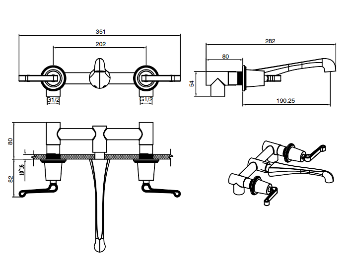 THREE HOLE BRASS WALL MOUNTED BASIN MIXER - AQUANT - ( BRUSHED GOLD - HERITAGE SERIES - 0x0 mm - 0inchx0inch )