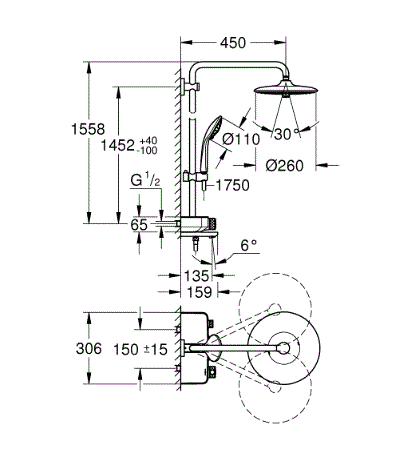 EUPHORIA SMARTCONTROL 260 THERMOSTATIC BATH/SHOWER SYSTEM, 3 CONTROL - GROHE - ( CHROME - G4 - EUPHORIA SYSTEM - 0x15 mm - 0inchX0.5inch )