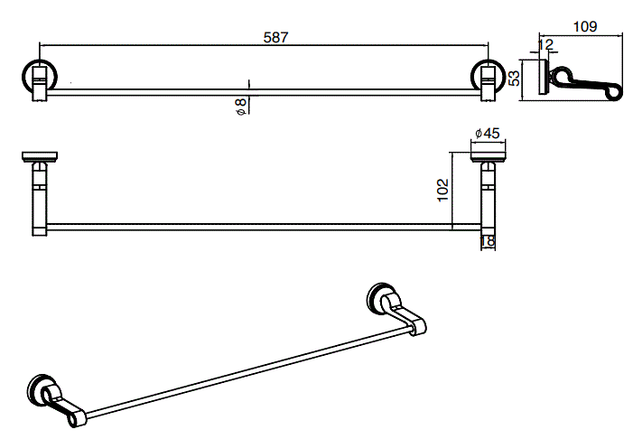 BRASS TOWEL ROD - AQUANT - ( BRUSHED GOLD - HERITAGE SERIES - 600x0 mm - 24inchX0inch )