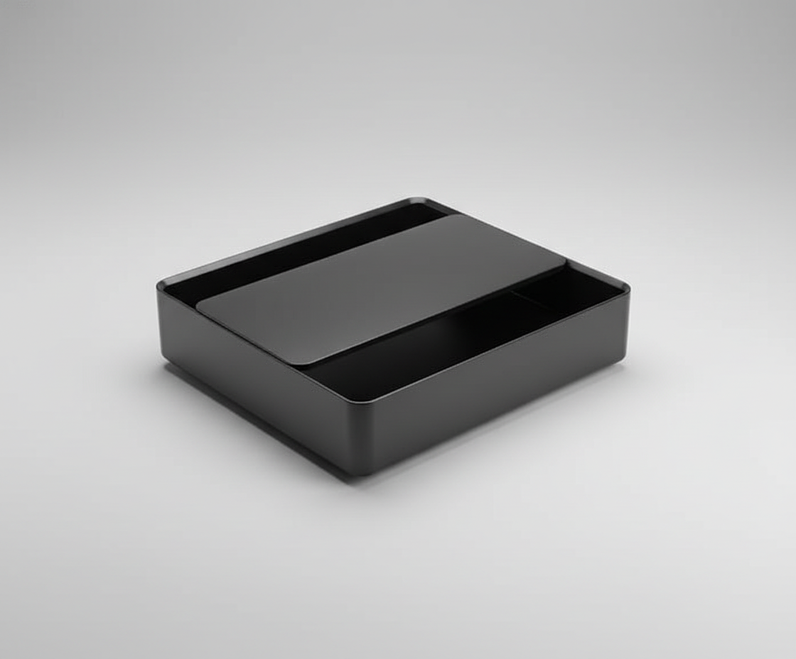 Black rectangular box on a concrete floor with a cardboard background