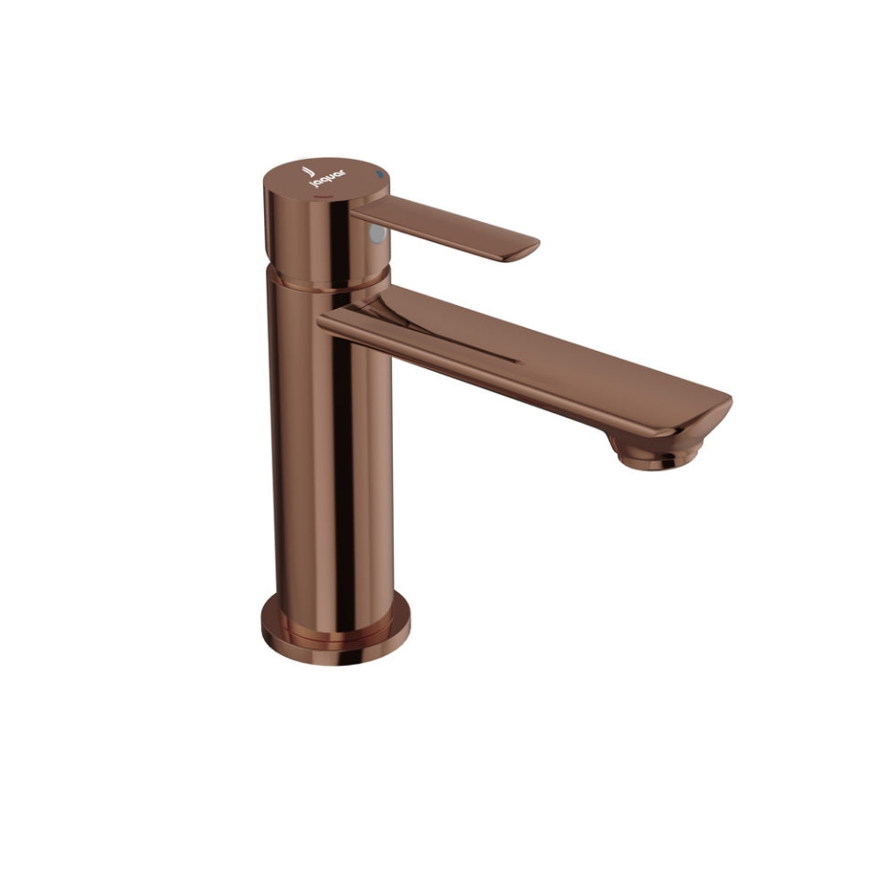 SINGLE LEVER TABLE MOUNTED BASIN MIXER WITHOUT POPUP WASTE WITH 450MM LONG BRAIDED HOSES - JAQUAR FAUCETS - ( BLUSH GOLD PVD - FUSION PRIME - 0x15 mm - 0inchX0.5inch )