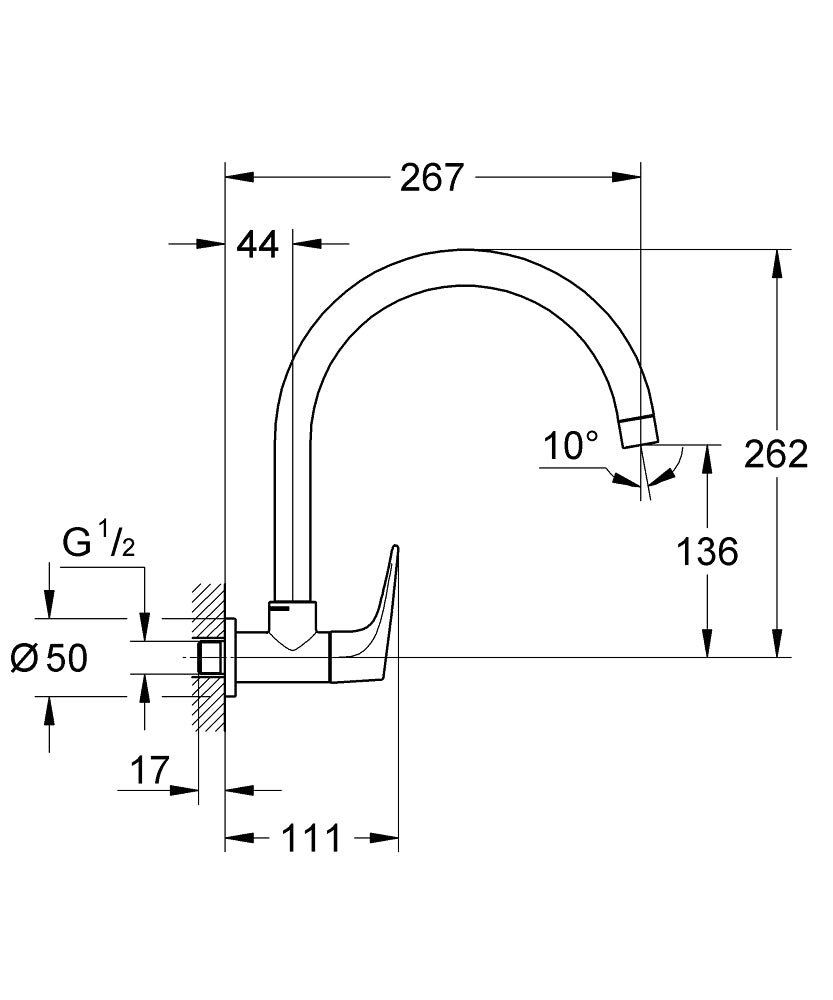 BAUFLOW WALL-MOUNT KITCHEN COLD ONLY TAP - GROHE-G2 - ( CHROME - G2 - BAUCONTEMPORARY - 0x15 mm - 0inchX0.6inch )