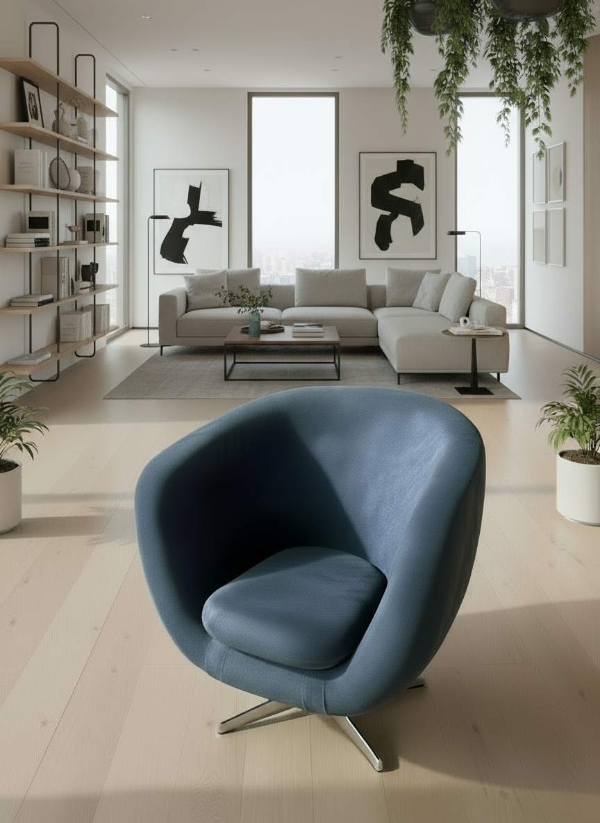 LEISURE CHAIR WITH METAL ROTATING LEGS BLUE FABRIC - FURNITURE - (BLUE - BUENA CASA - 900x900x800 mm - 36inchX36inchX32inch)