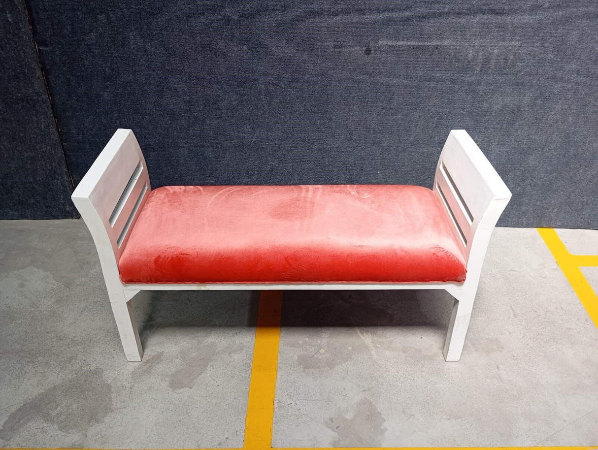 ST BED SIDE PUFFE WHITE AMERICAN WOOD BASE WITH FABRIC SOFT (SEATING H-406MM) - FURNITURE - (SMOKE COLOR+WHITE+ROSE GOLD - BUENA CASA - 1143x432x635 mm - 45.72inchX17.28inchX25.4inch)